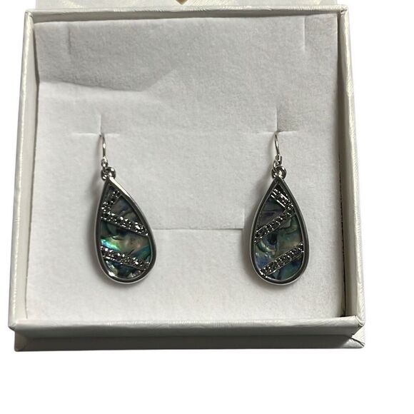 Abalone Shell Silver Tone Filigree Blue Green Teardrop Dangle Fashion Earrings - Picture 1 of 4